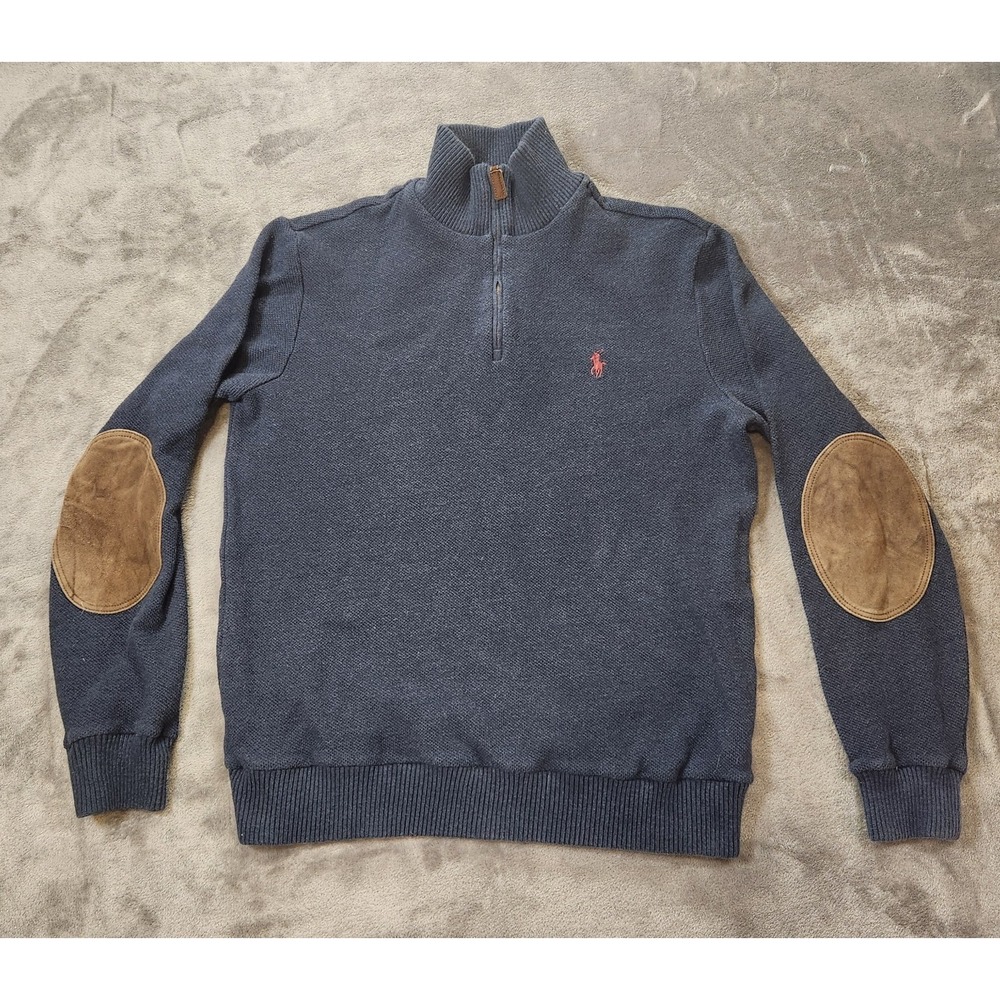 Polo Ralph Lauren Sweater Mens Medium Blue 1/4 Zip Pima Cotton Elbow Patch
